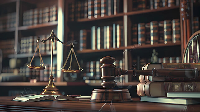 Scales of justice, a gavel and law books on a solicitor's desk